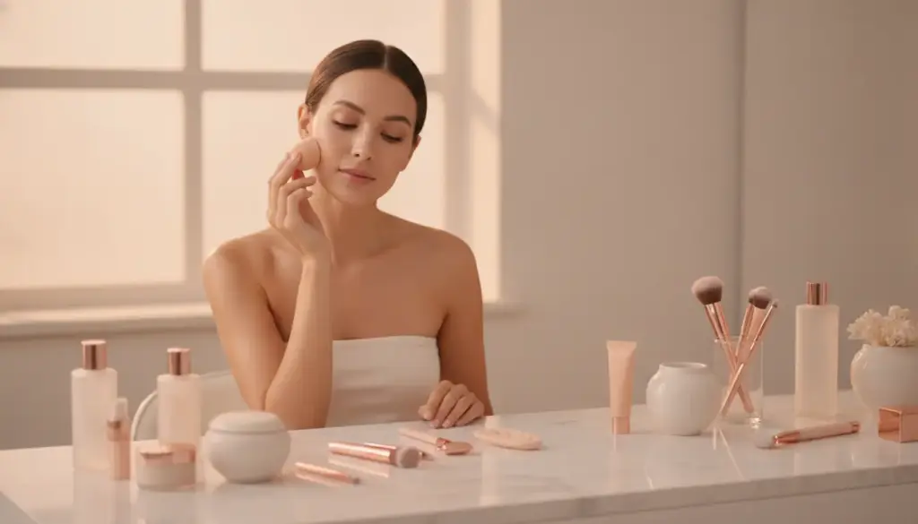 Woman applying makeup with beauty tools on marble vanity in softly lit room