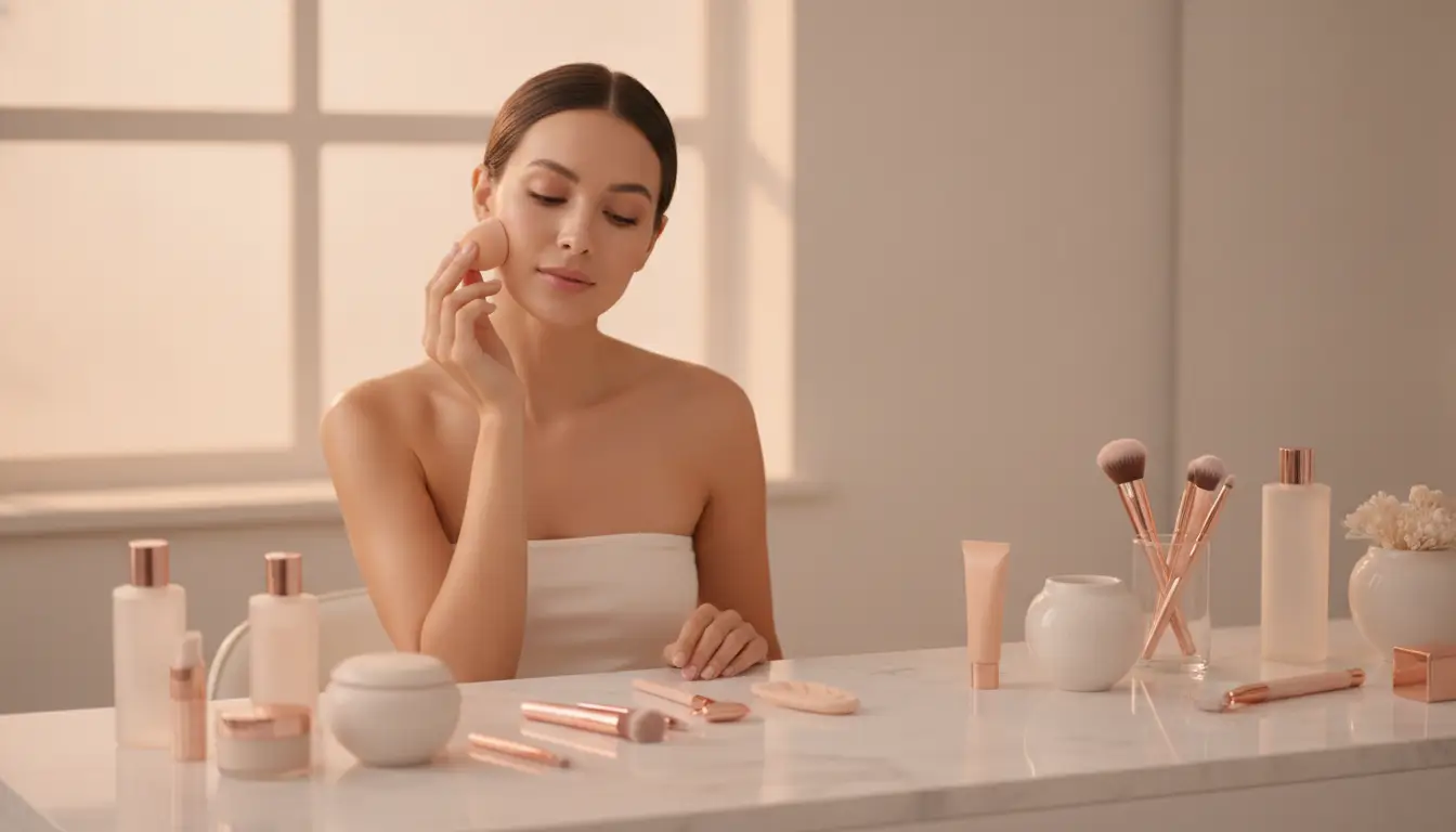 Woman applying makeup with beauty tools on marble vanity in softly lit room