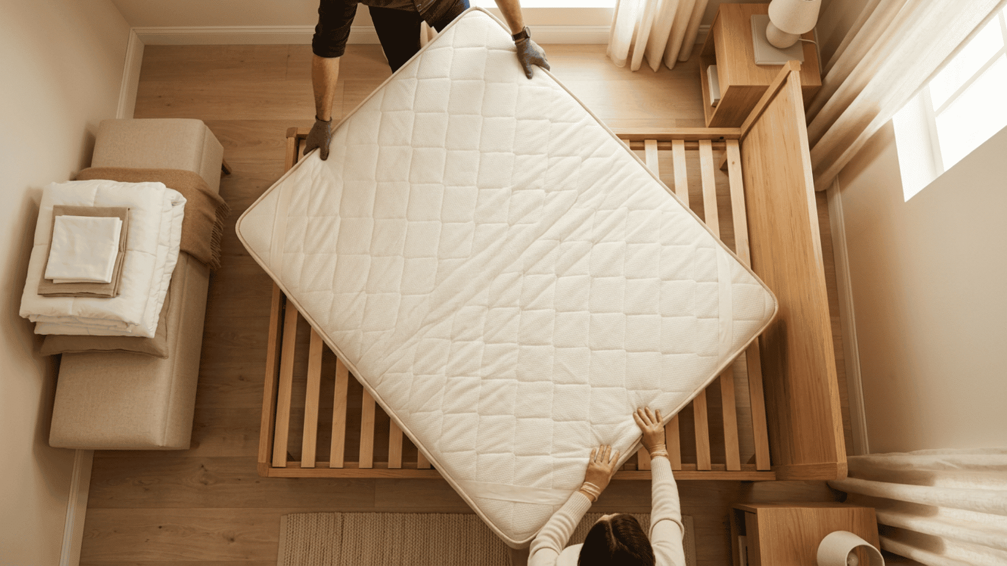 Two people rotate a white mattress over a wooden slatted bed frame.