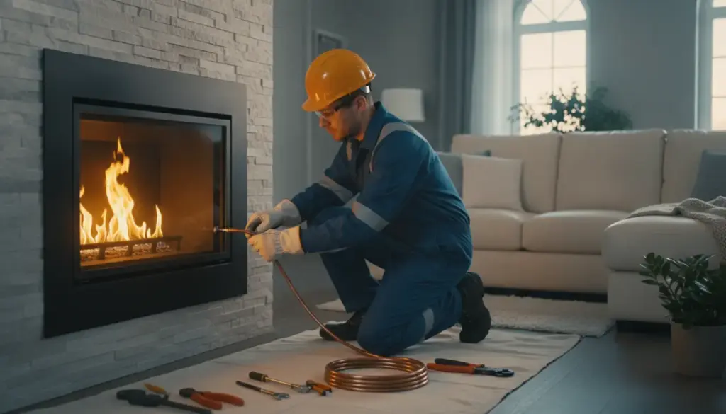Worker in blue uniform and hard hat installing gas line to fireplace in living room