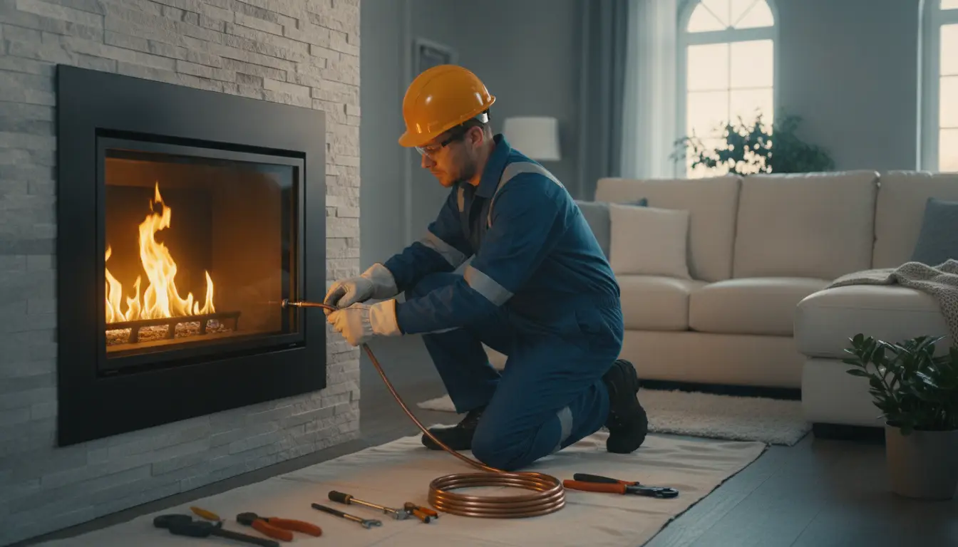 Worker in blue uniform and hard hat installing gas line to fireplace in living room
