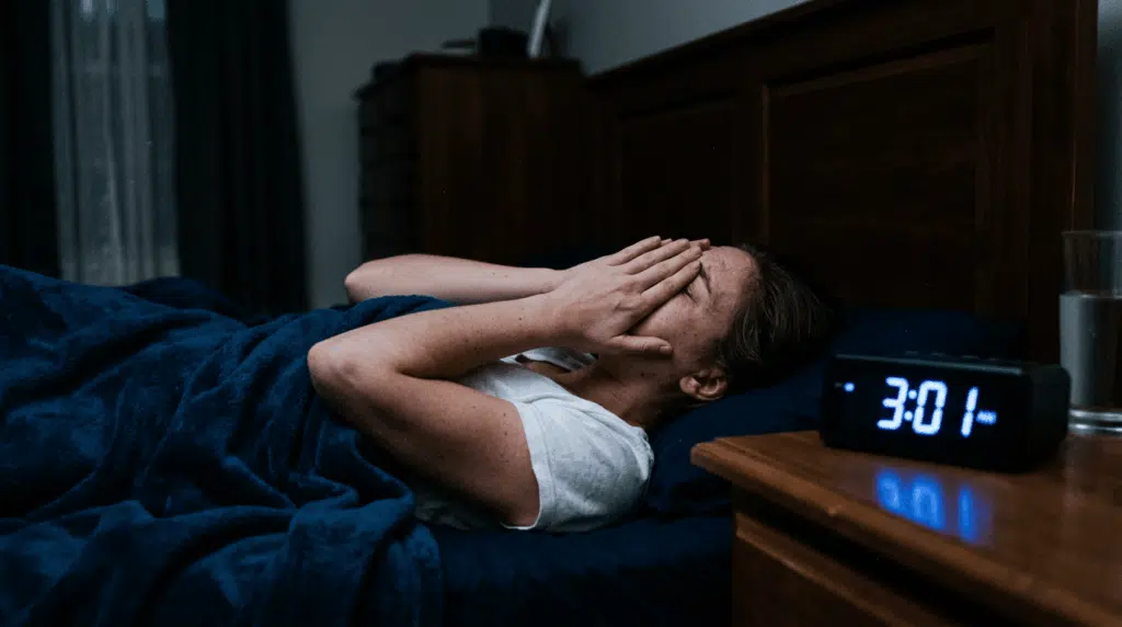 Woman covering her face in bed at 3:01 AM, unable to sleep at night