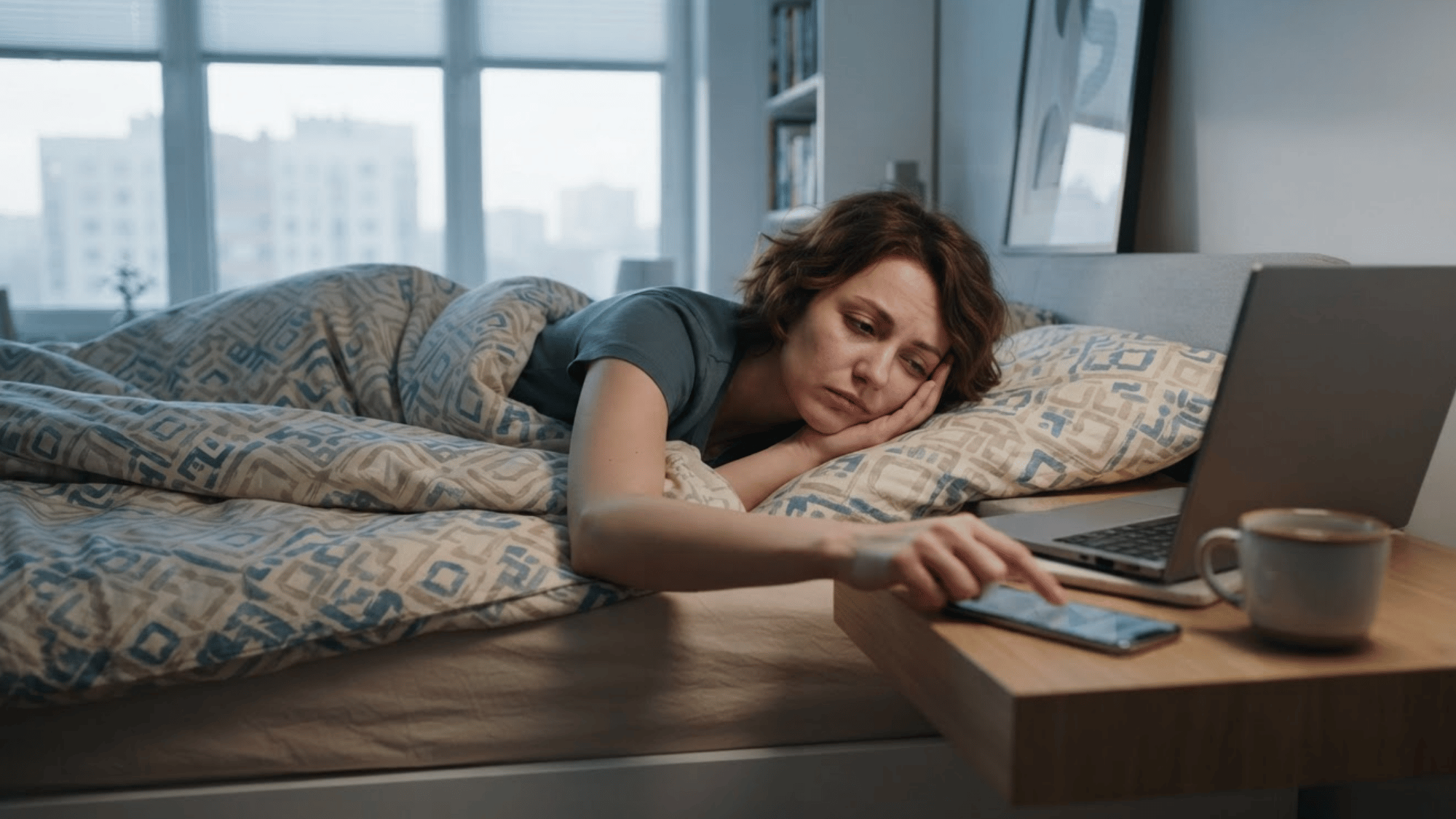 Tired woman reaching for phone after four hours of sleep beside laptop and coffee mug