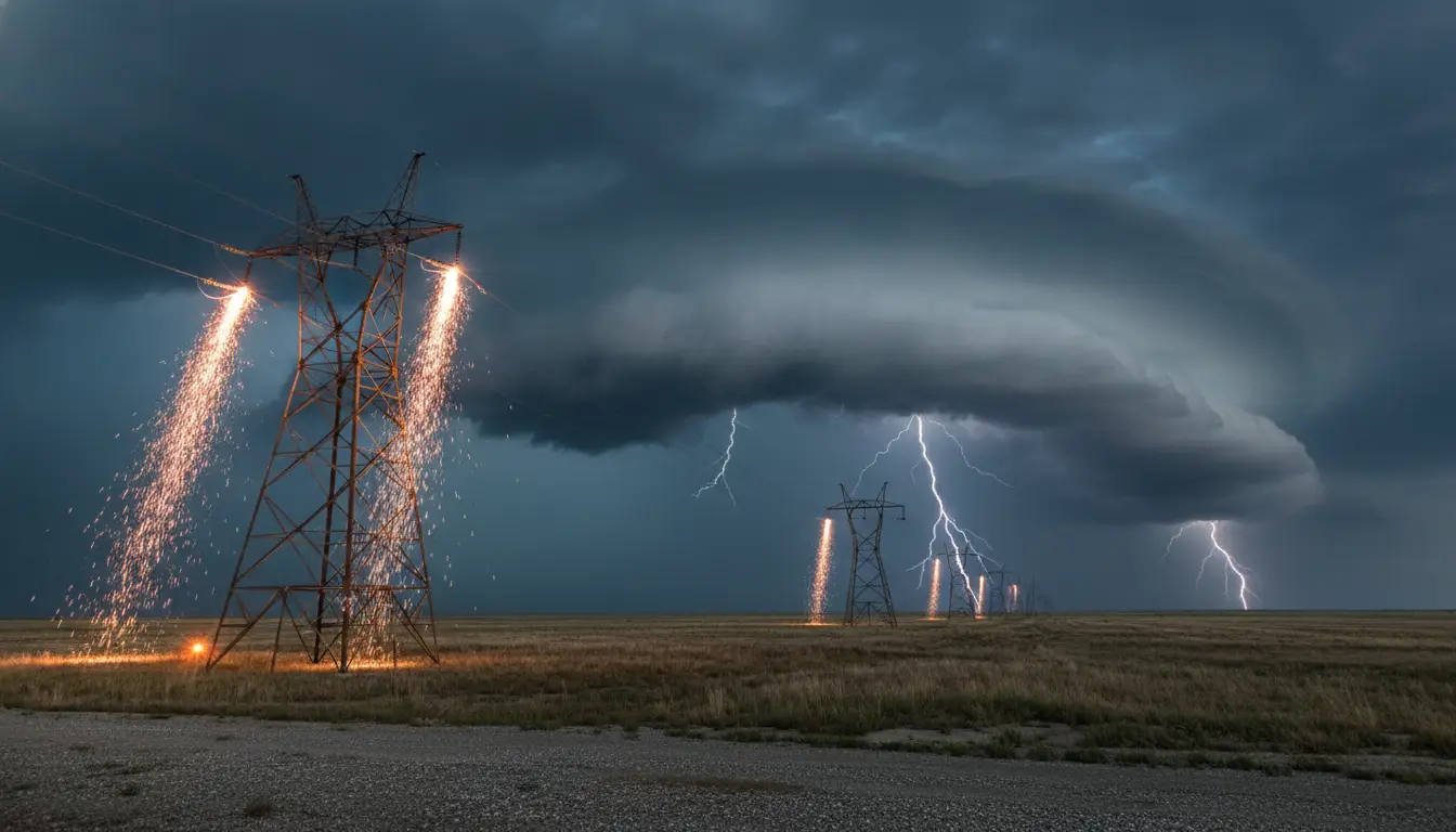 High-voltage power lines with lightning and sparks in stormy rural landscape