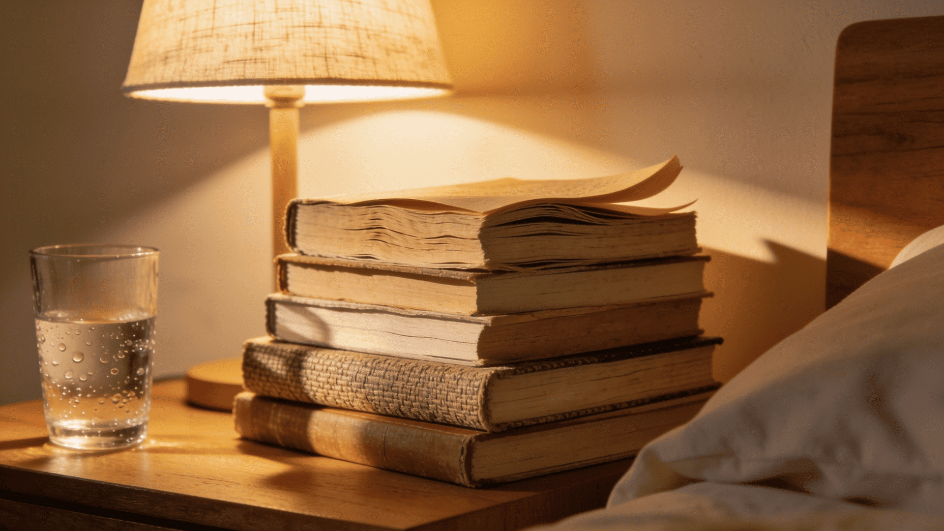 Stacked books style a cozy bedside table