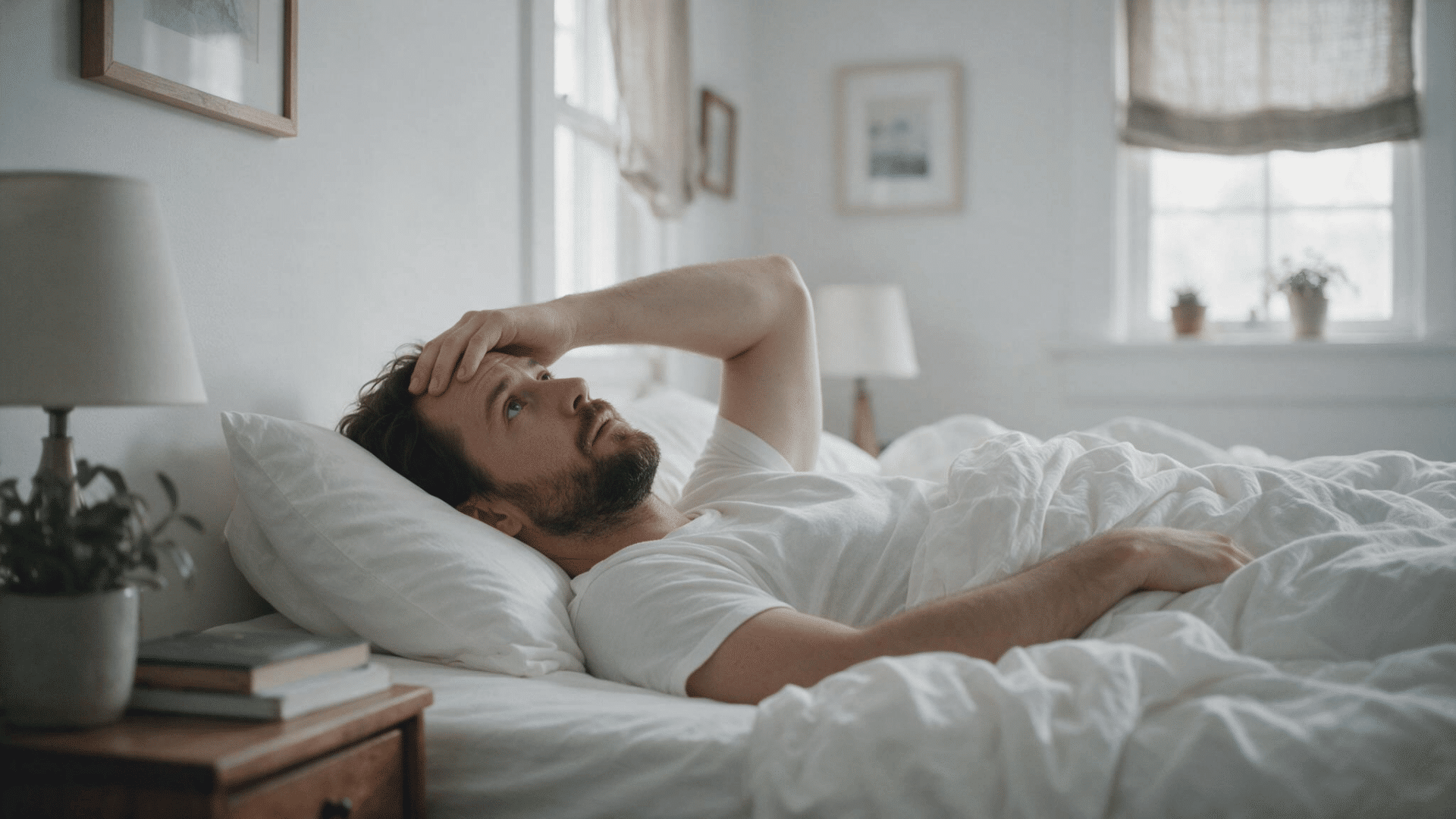 Man lying awake in bed with hand on forehead, showing signs of sleep deprivation