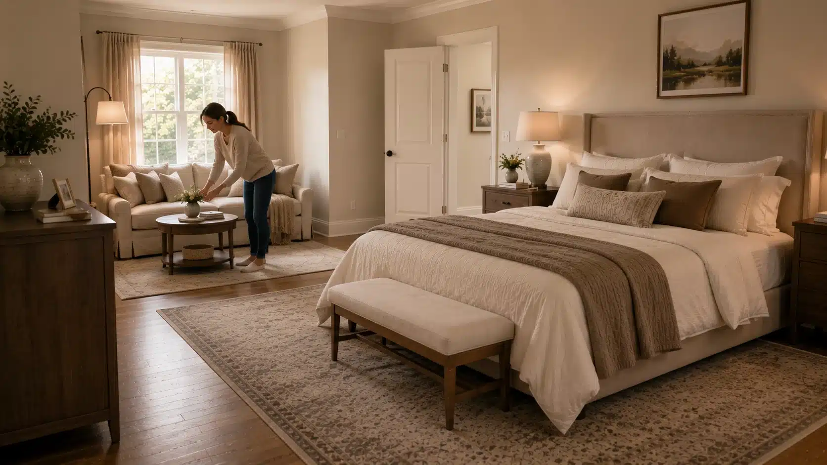 large primary bedroom with bed zone seating area rug bench nightstands and open walking paths