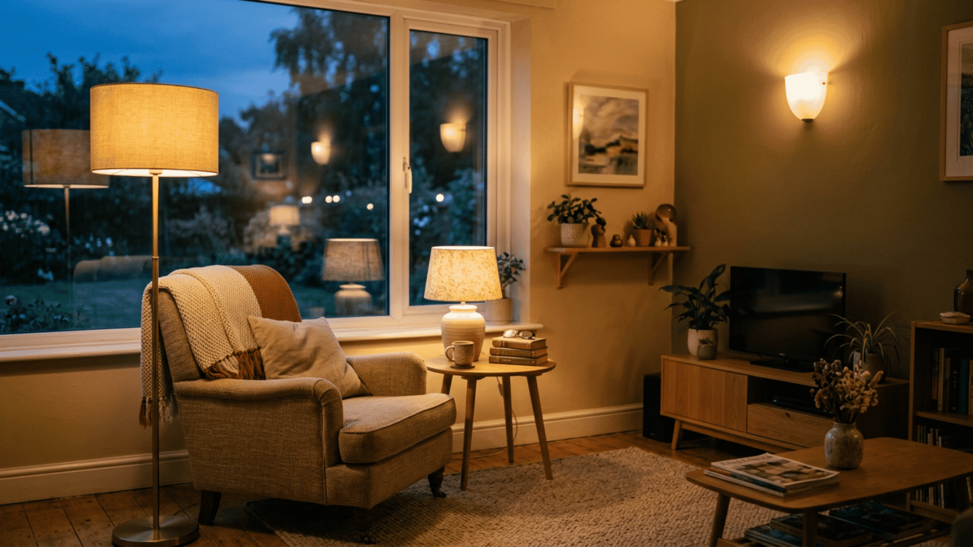 Layered lighting from floor, table, and wall fixtures