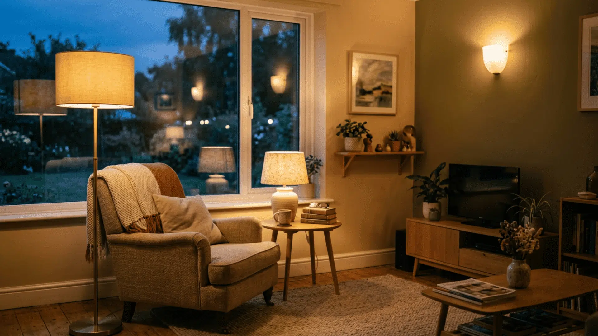 Layered lighting from floor, table, and wall fixtures