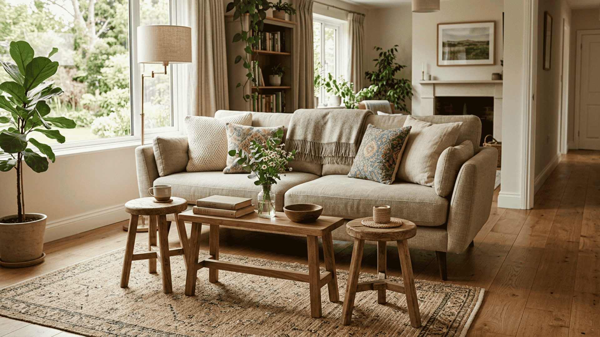 Small stools replacing a large coffee table in a living room
