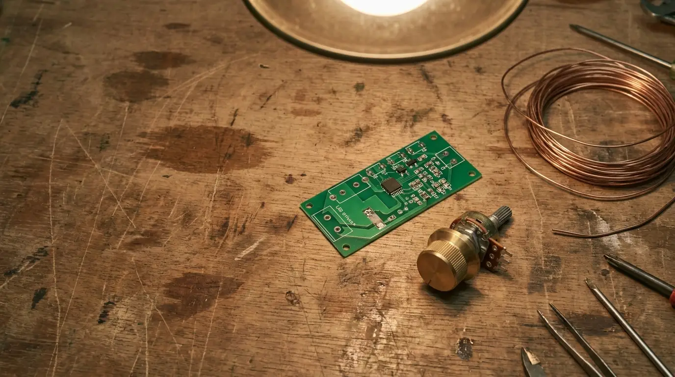 Electronic circuit board and components on wooden workbench under warm light