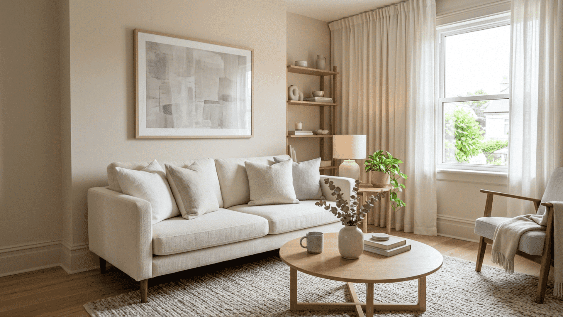 Living room styled in a limited, related color palette