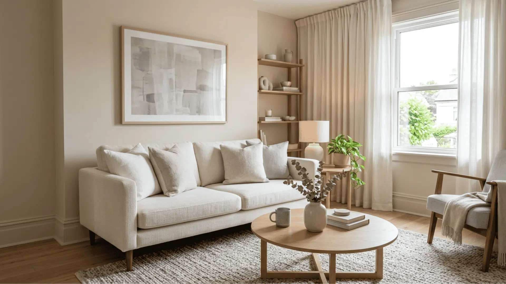 Living room styled in a limited, related color palette