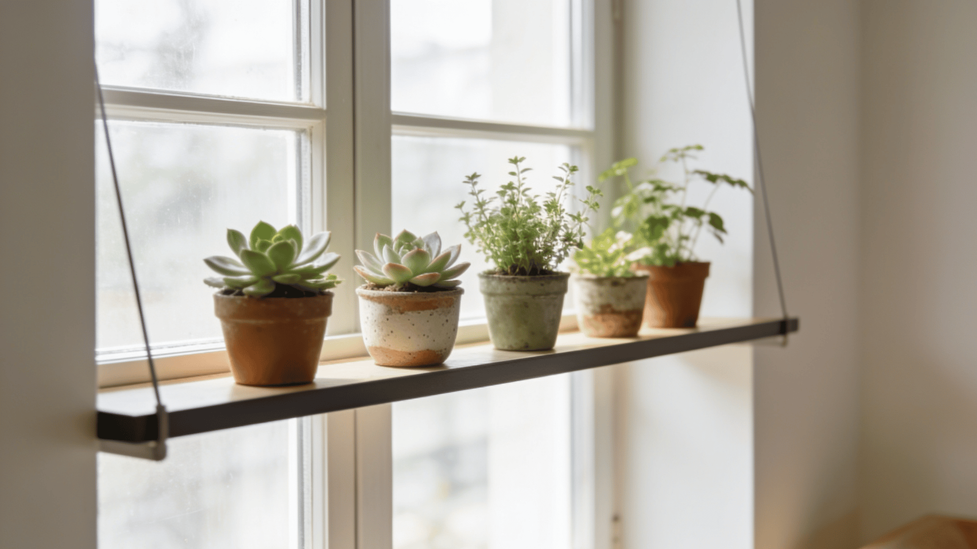 Small potted plants arranged across a window shelf