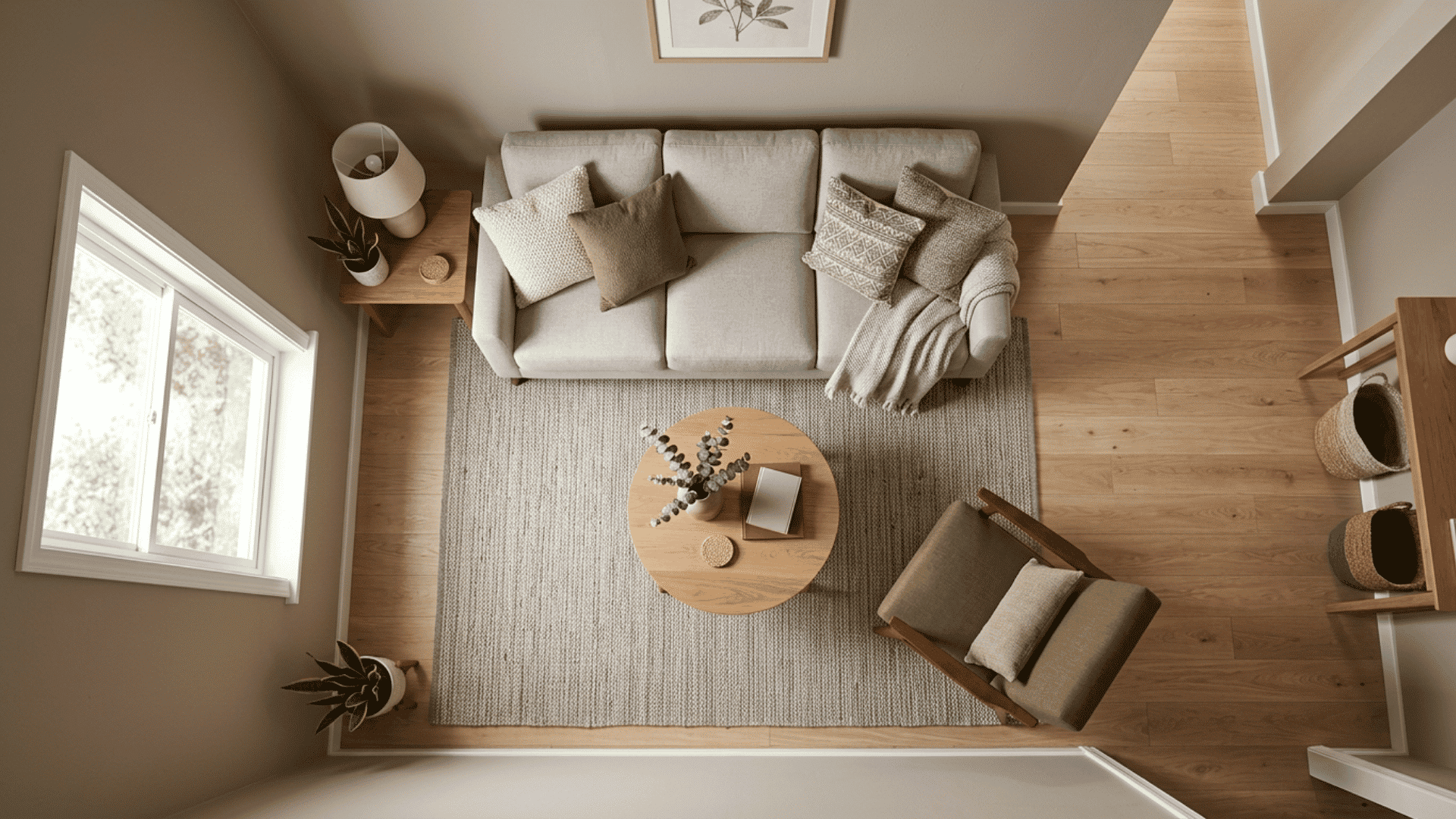 Small living room layout with clear walking path and seating