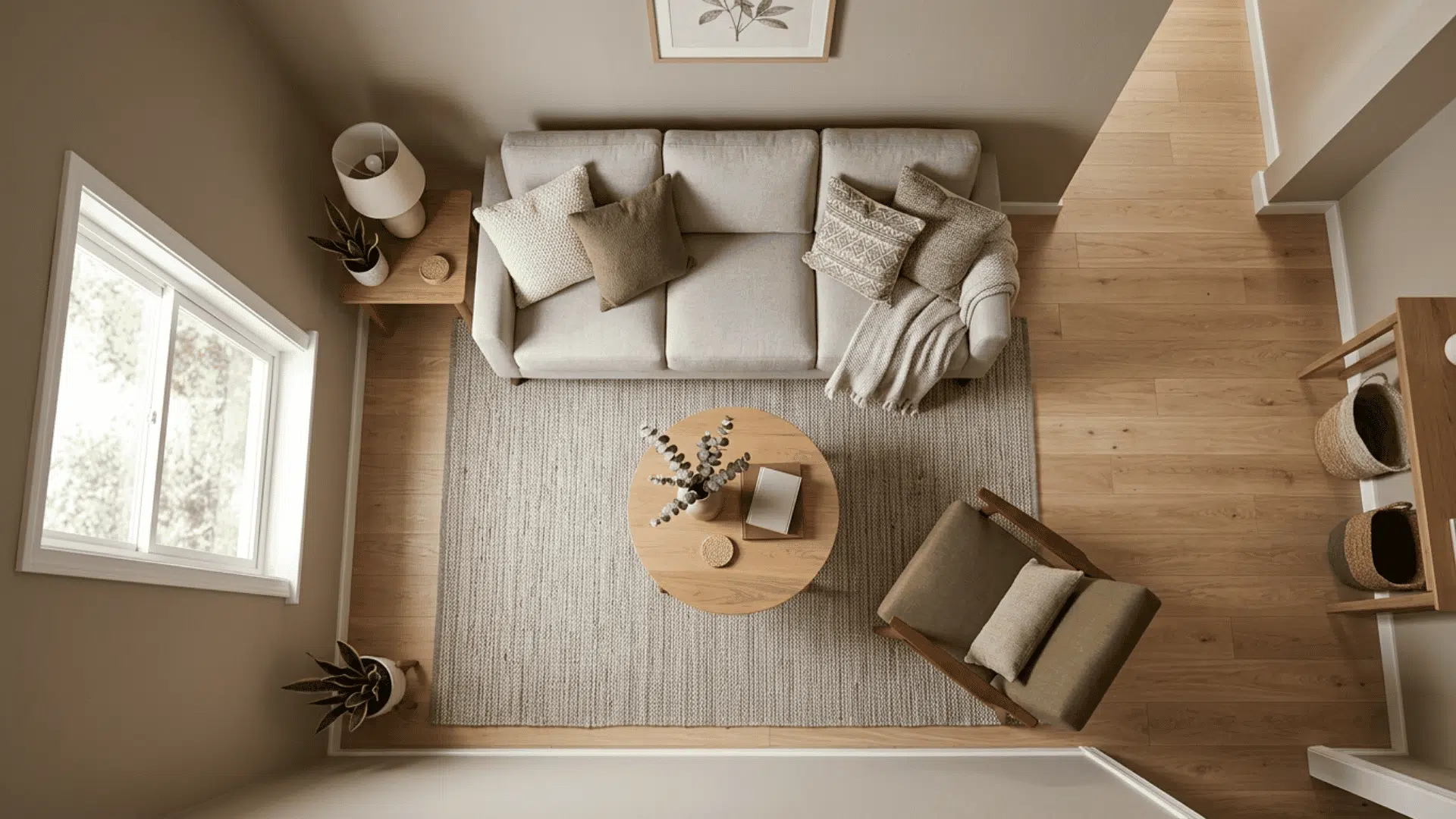 Small living room layout with clear walking path and seating