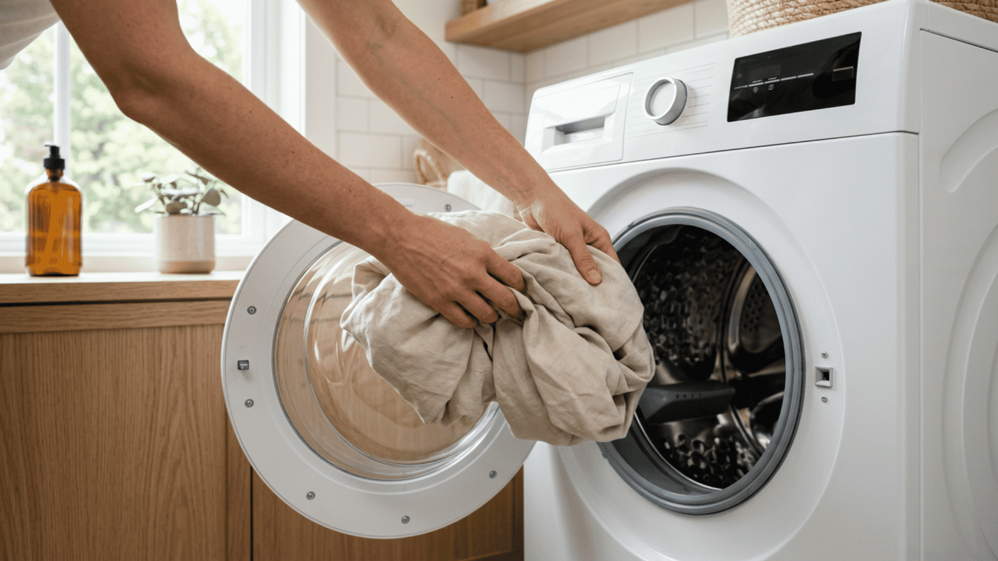 Hands loading a beige mattress protector into a front-loading washer.