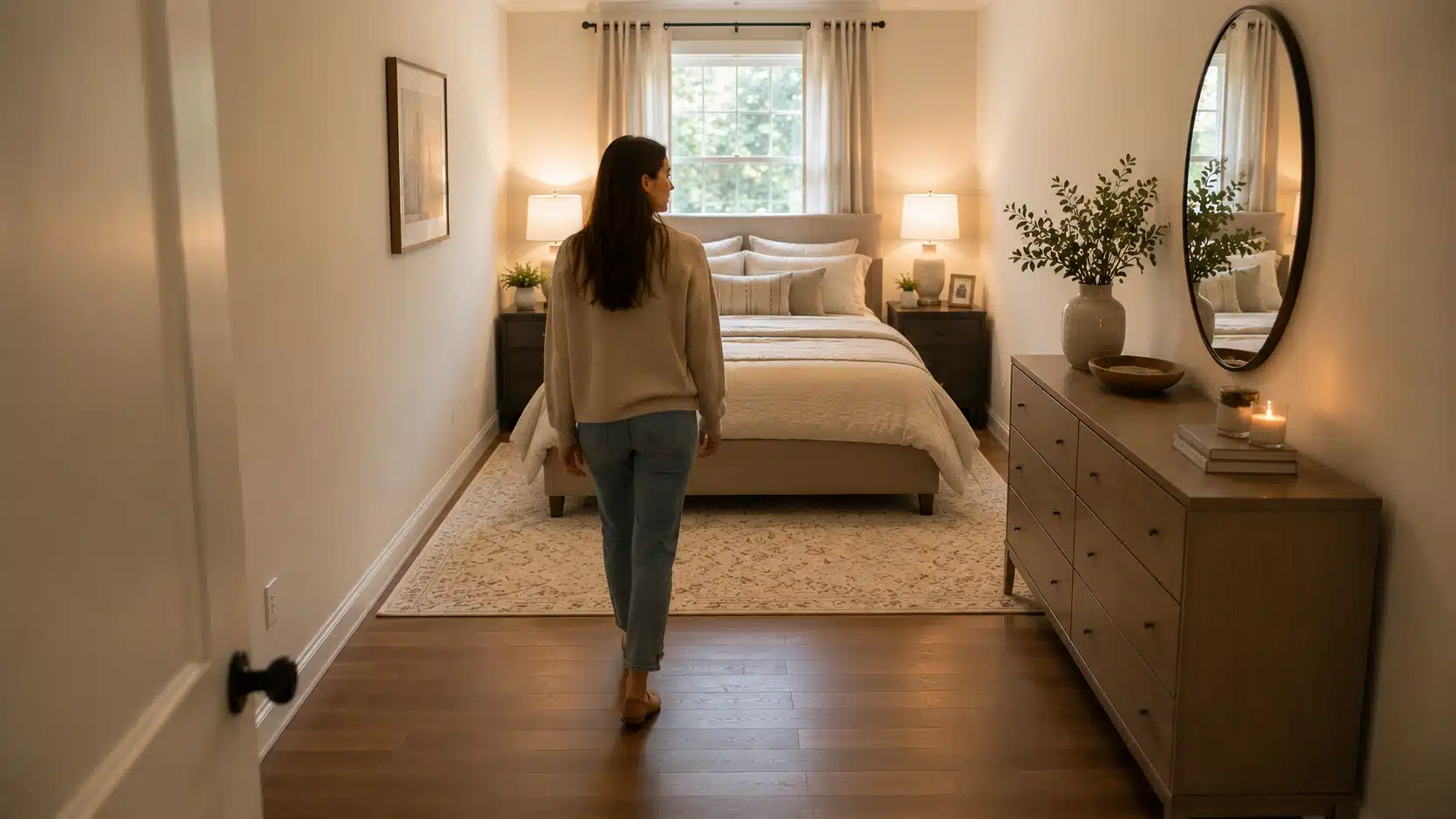long narrow bedroom with bed across the width slim nightstands low dresser and open center path