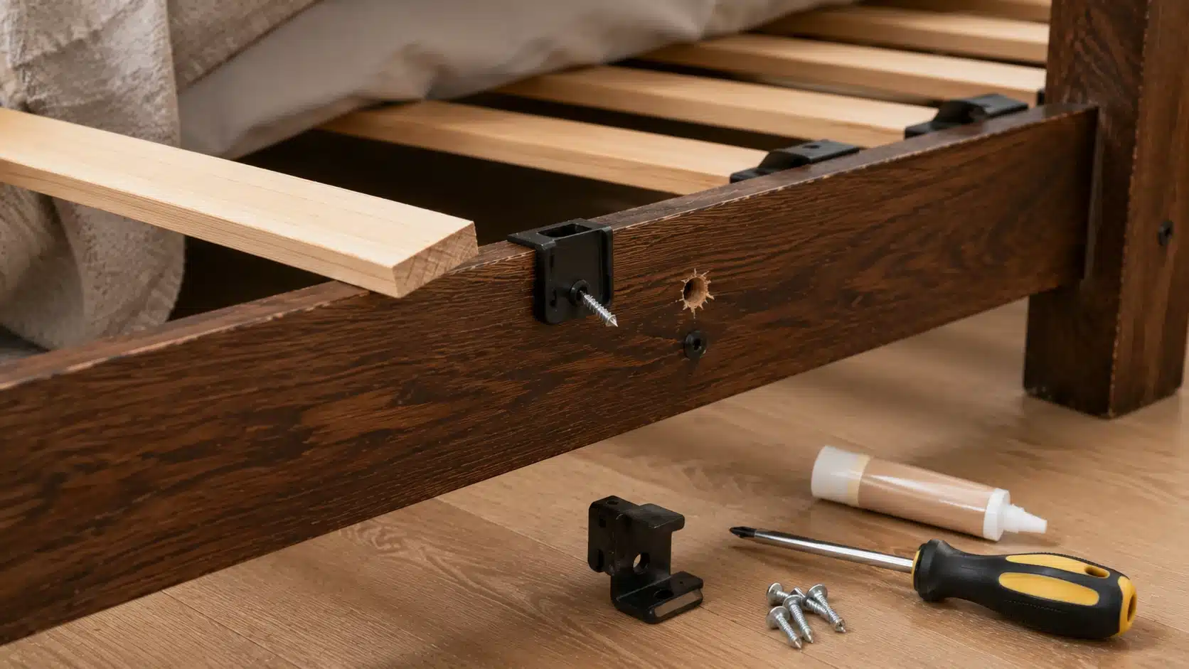 loose slat holder bracket and replacement screws on a wooden bed frame rail during repair