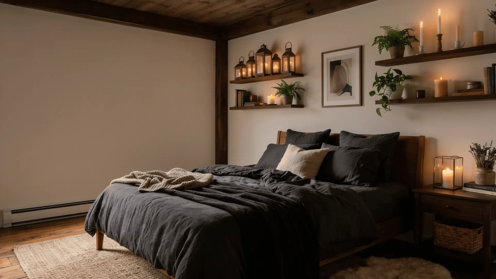 Candles and lanterns in a cozy bedroom