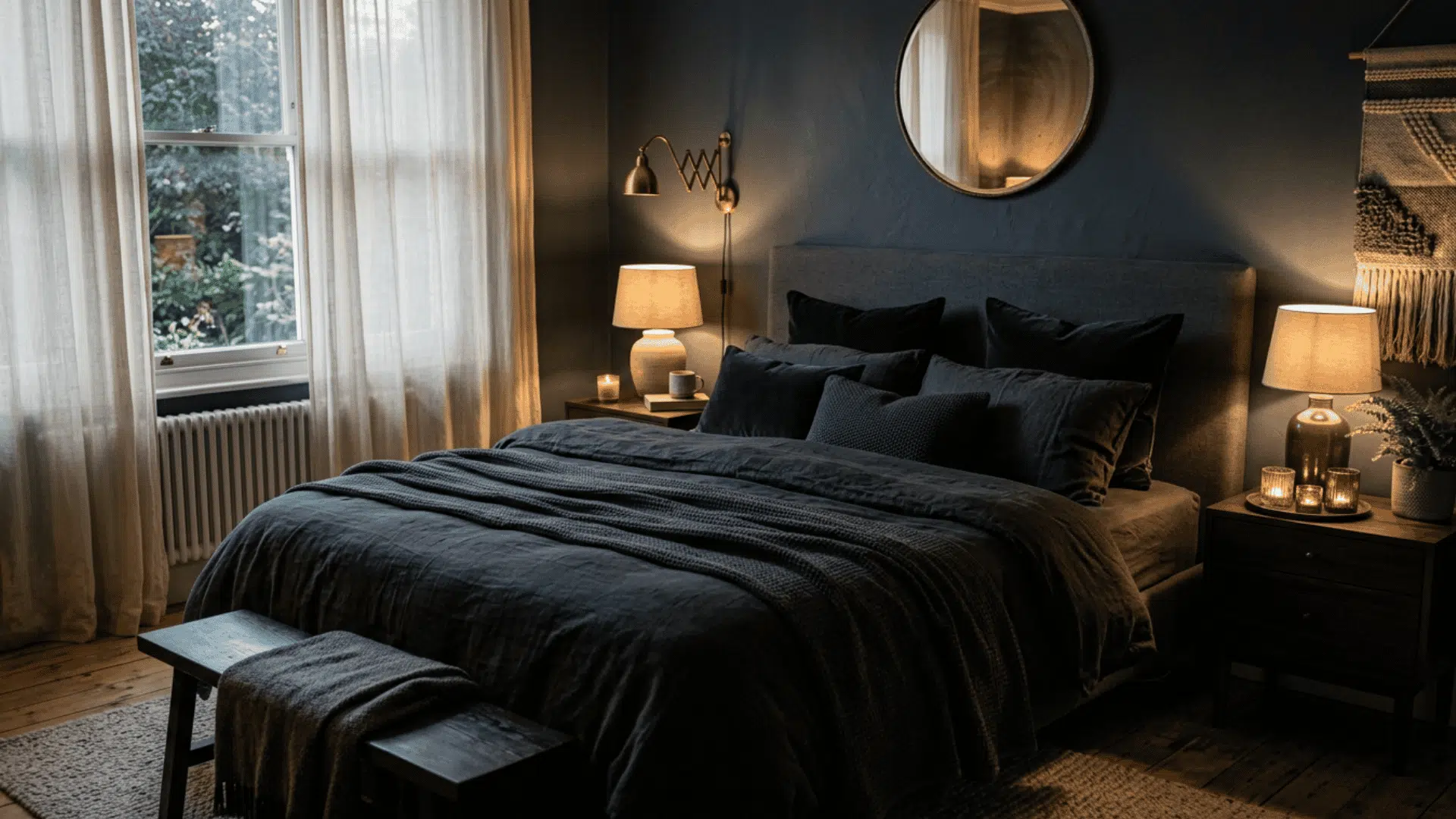 Layered lighting in a soft moody bedroom
