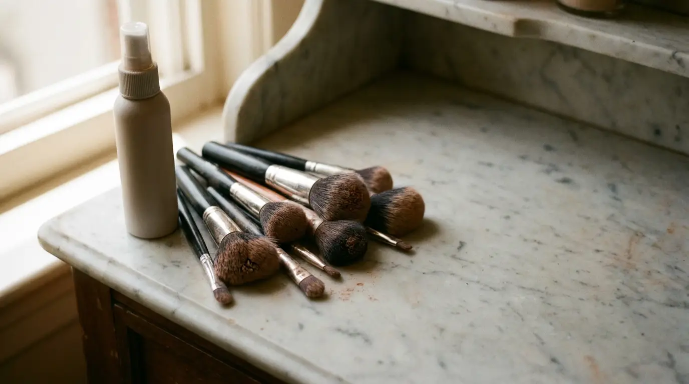 Makeup brushes and spray bottle on marble tabletop near window in natural daylight
