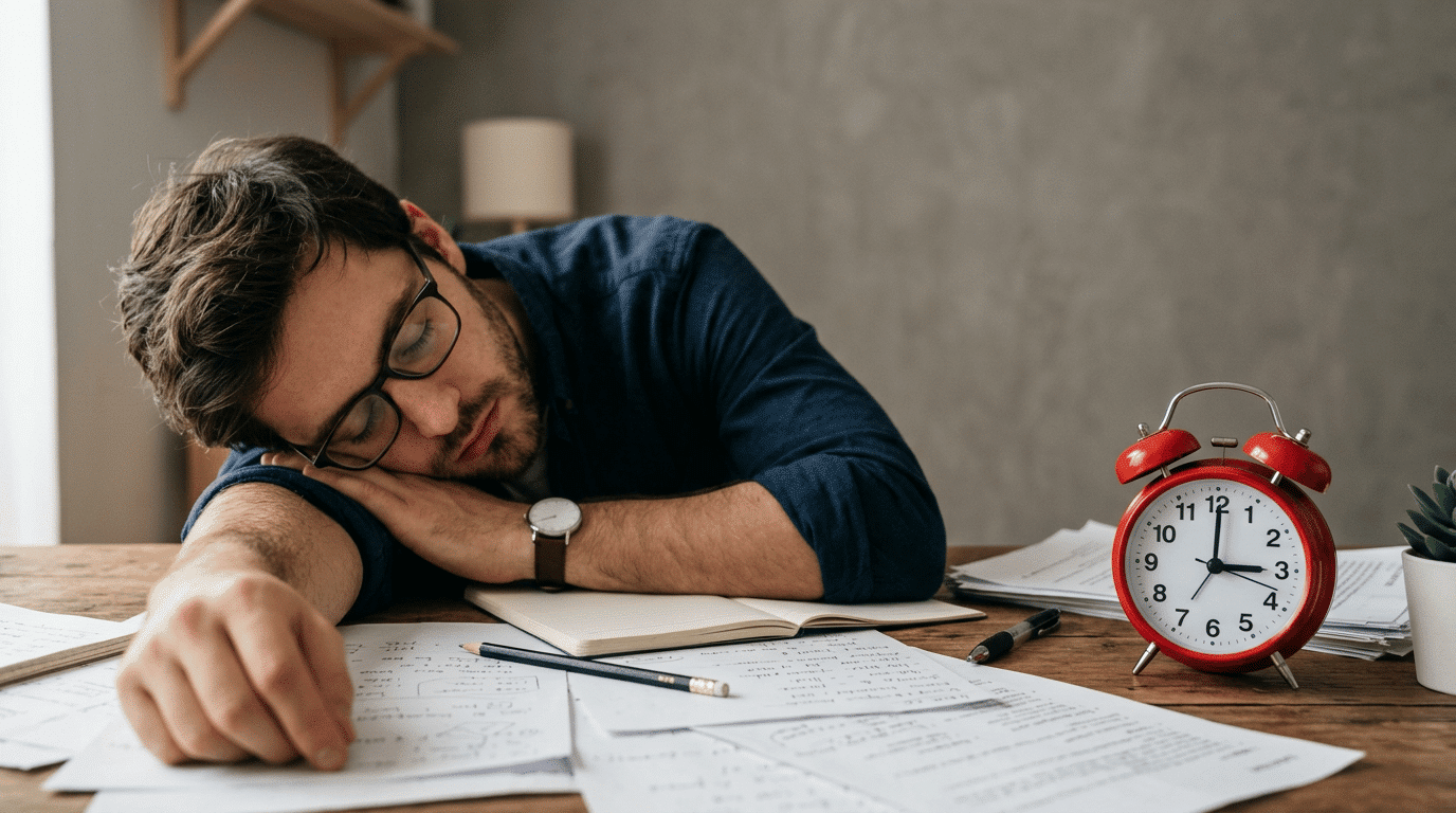 exhausted man asleep at his desk surrounded by paperwork and a red alarm clock