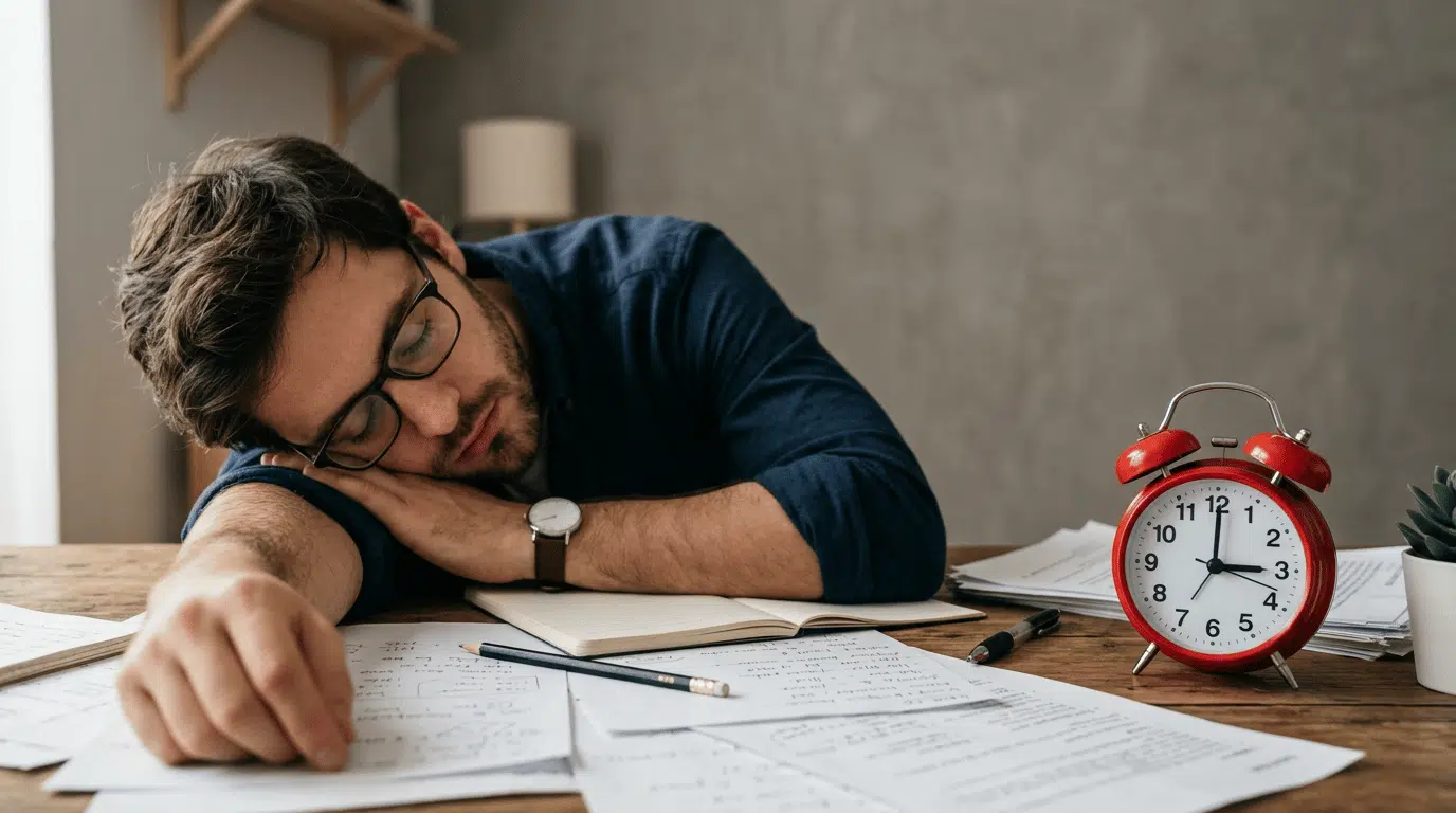 exhausted man asleep at his desk surrounded by paperwork and a red alarm clock