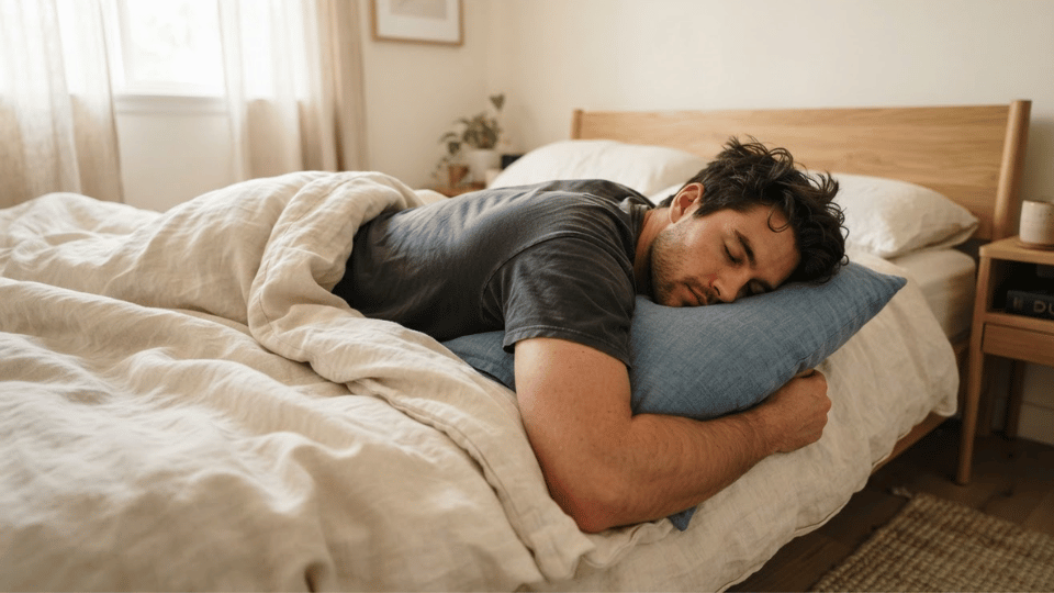 man-sleeping-hugging-blue-pillow