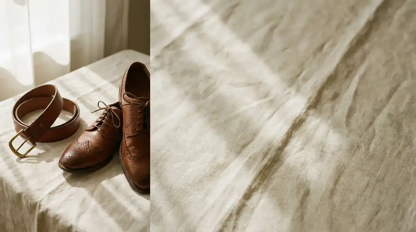 Brown leather shoes and belt on a beige fabric-covered surface in soft natural light