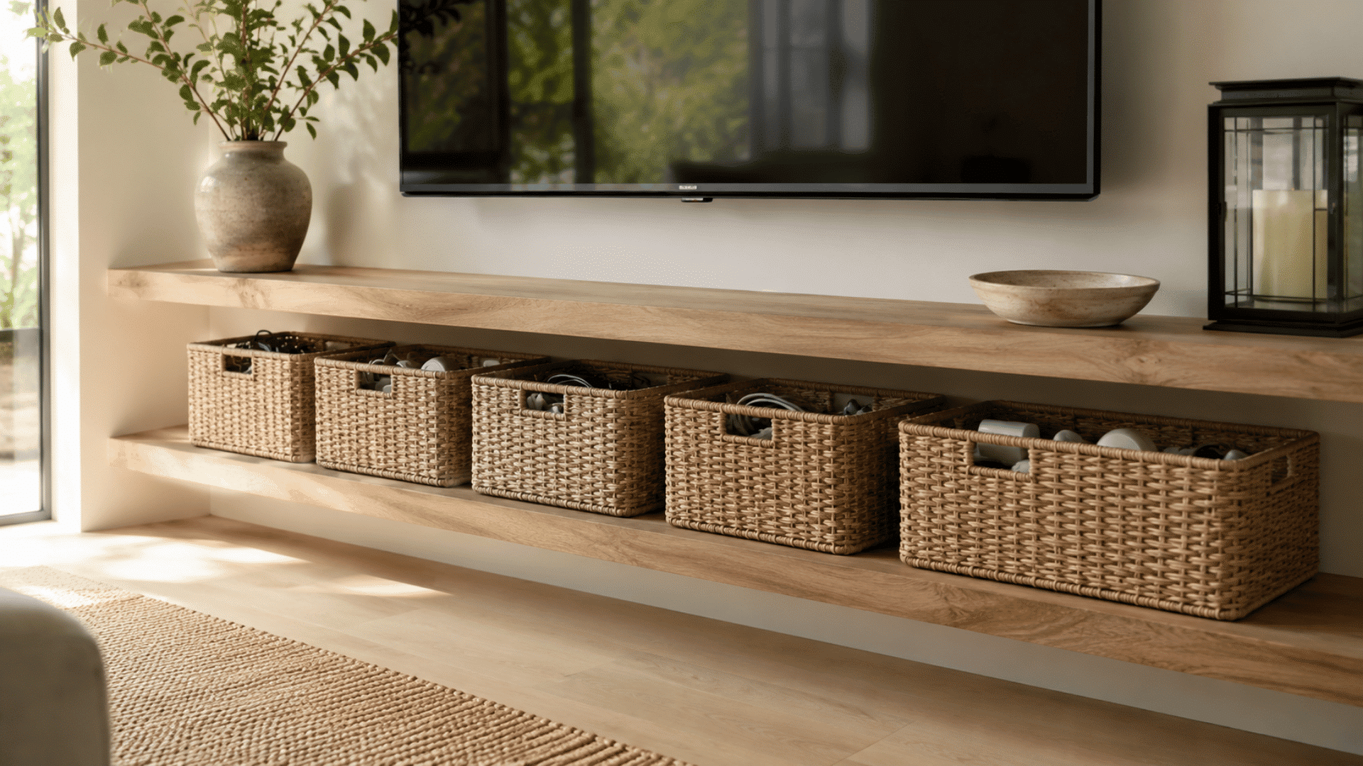 Matching woven baskets used for tidy shelf storage