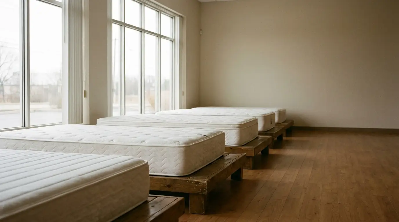 Four mattresses on wooden platforms in a sunlit room with large windows