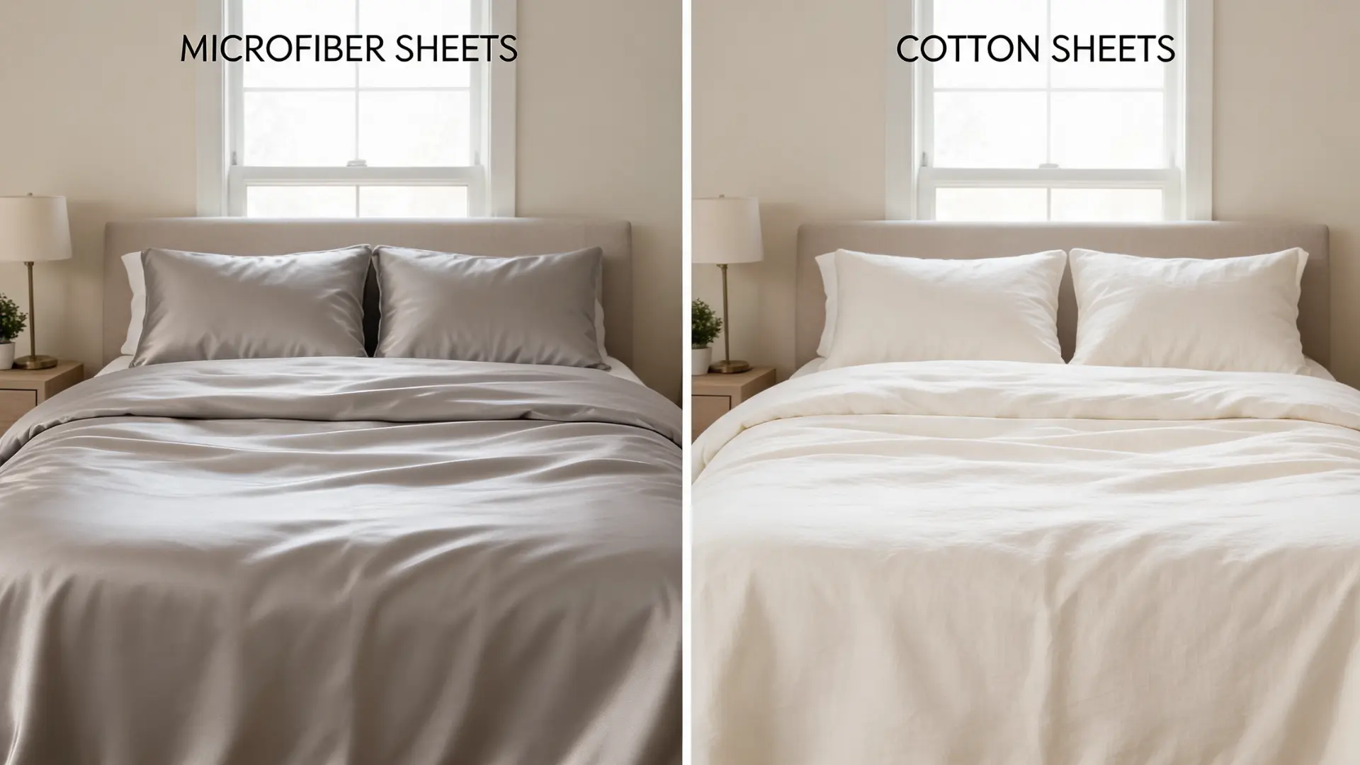microfiber sheets and cotton sheets side by side comparison in a bedroom collage