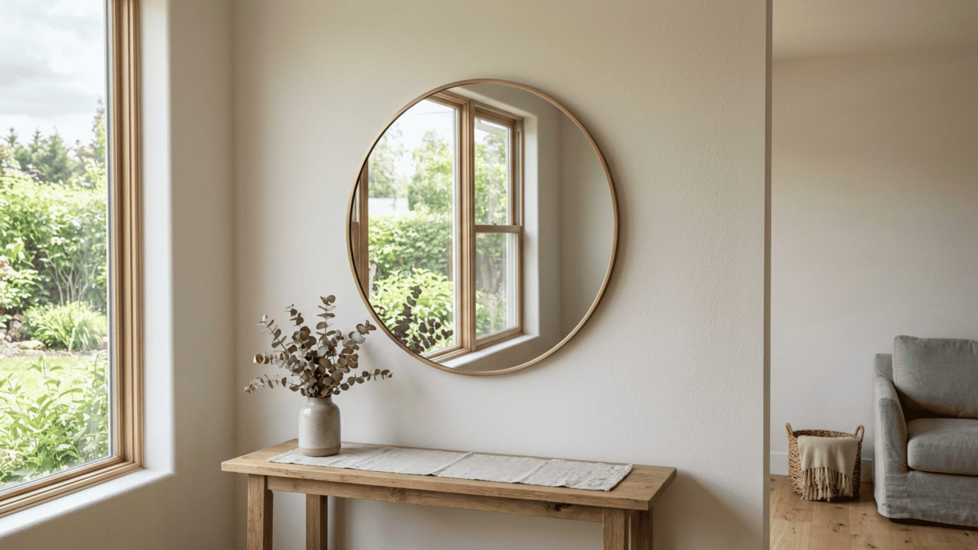 Mirror reflecting window light in a living room
