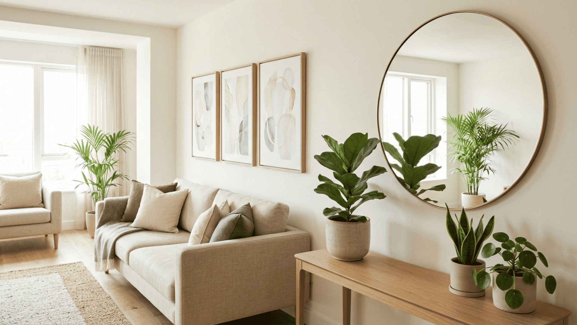 Bright living room with round mirror, indoor plants, sofa, and wall art