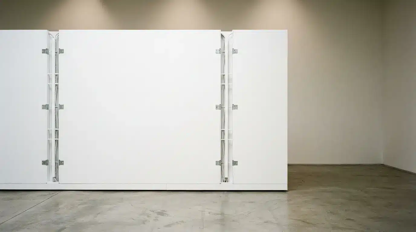White gallery walls with visible hinges in an empty exhibition space