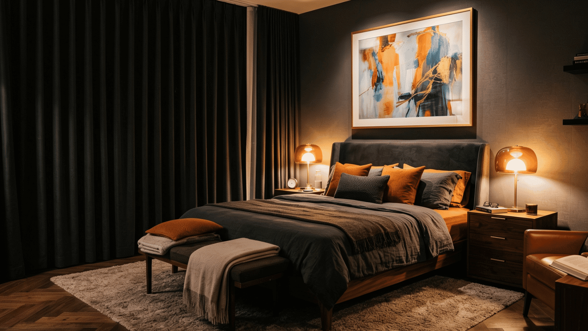 Moody bedroom with dark bedding, black curtains, warm lamps, wall art, and soft rug