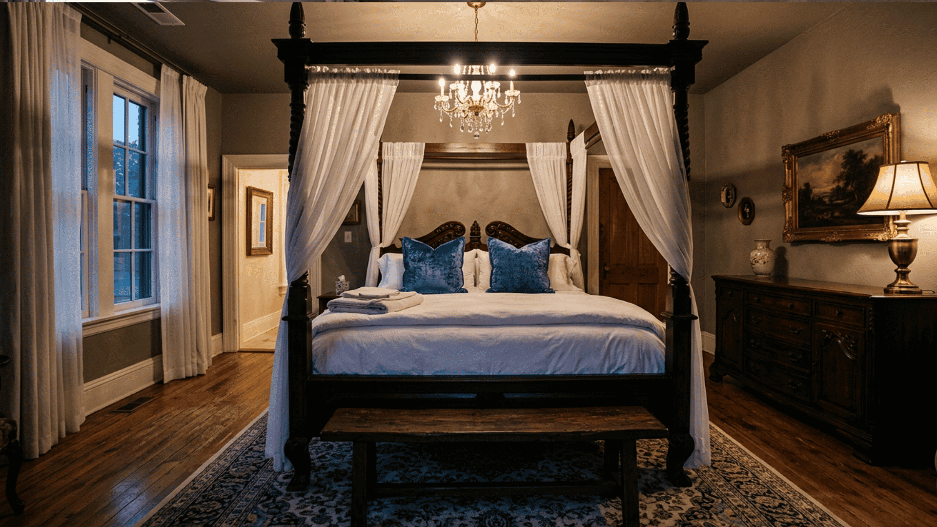 Black canopy bed with dark layered bedding