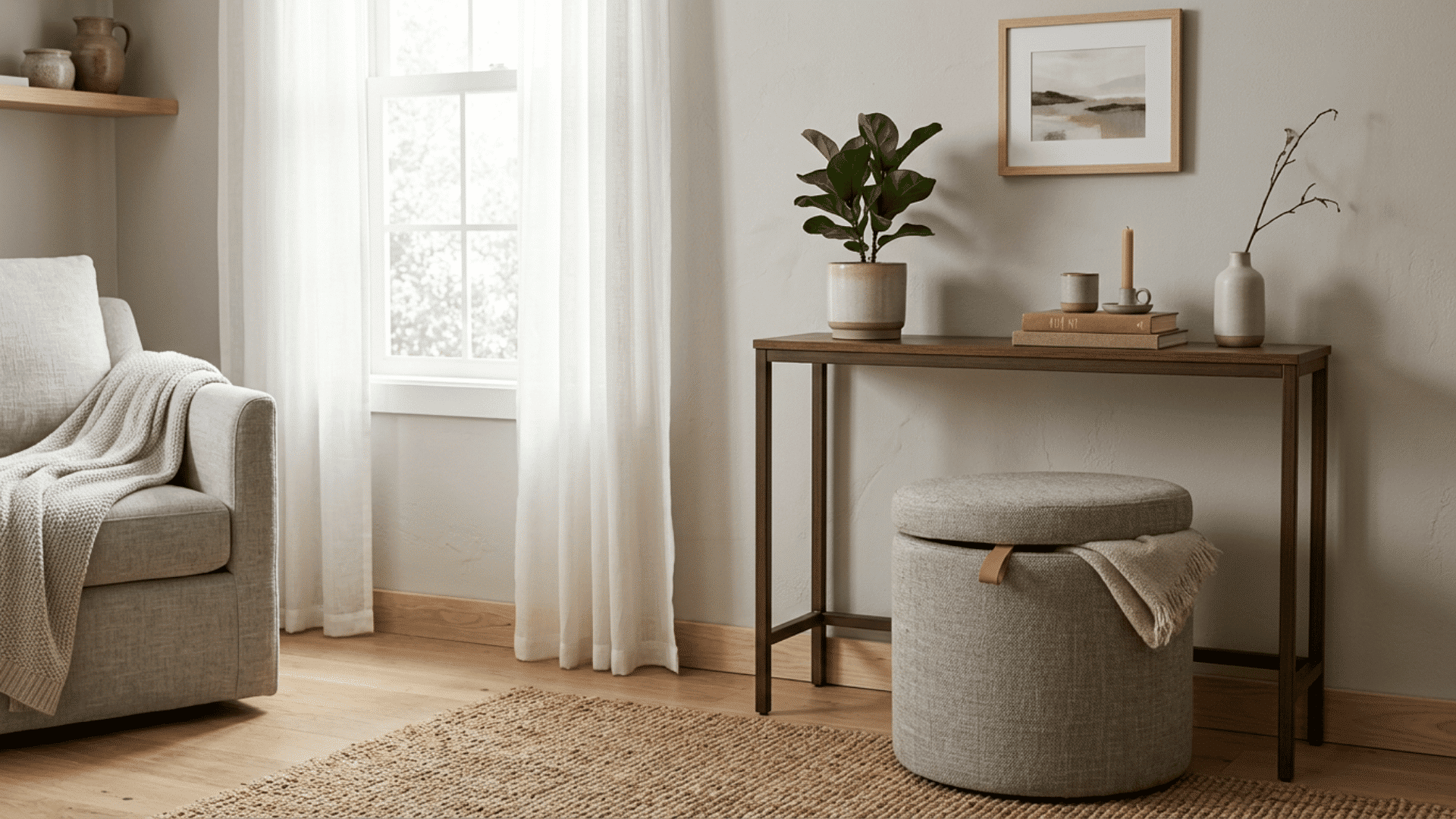 Ottoman and console offering multiple uses in a small room