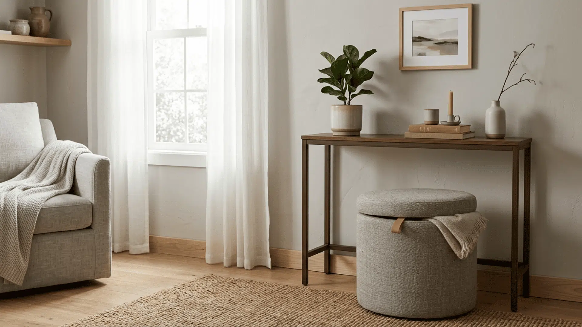 Ottoman and console offering multiple uses in a small room