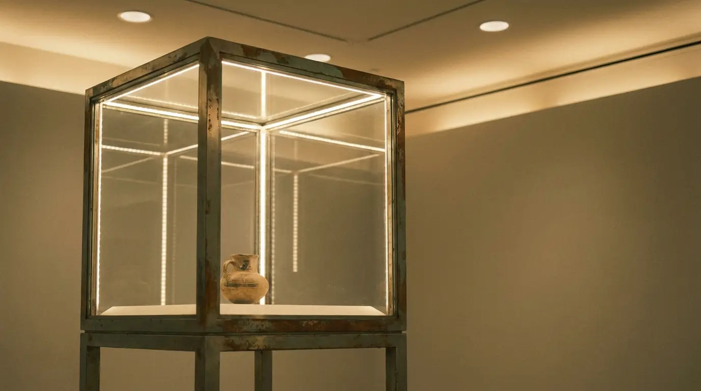 Ancient clay jug displayed in illuminated glass case within dimly lit gallery
