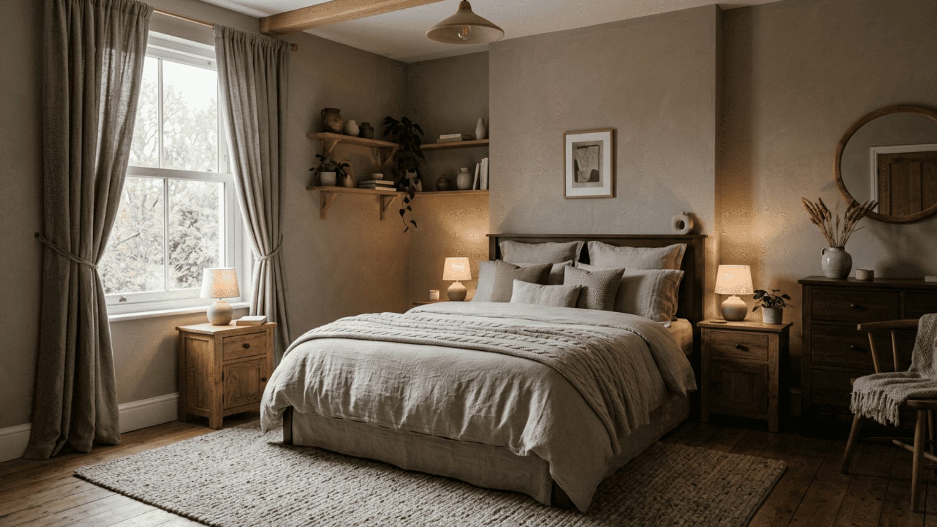 Taupe neutral bedroom with soft layered bedding