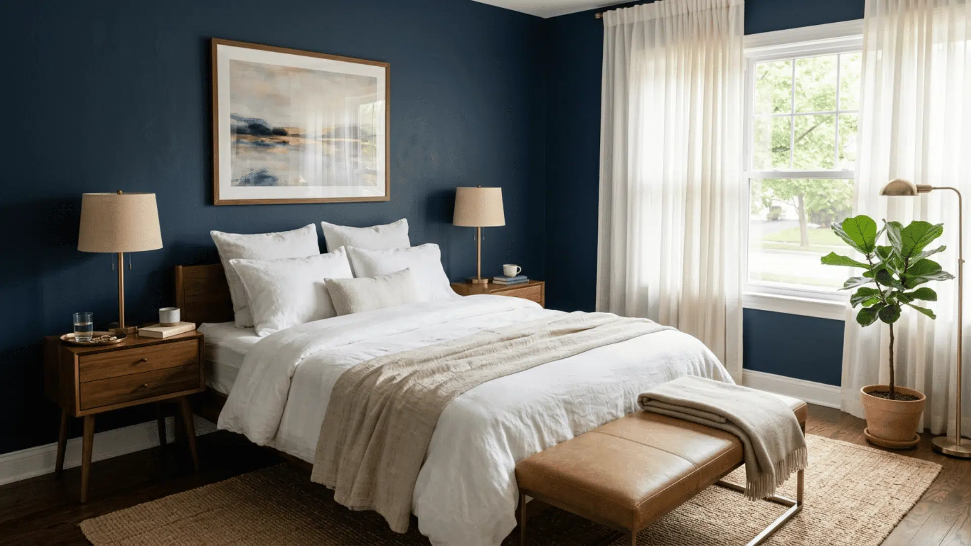 Navy bedroom with white bedding and brass accents