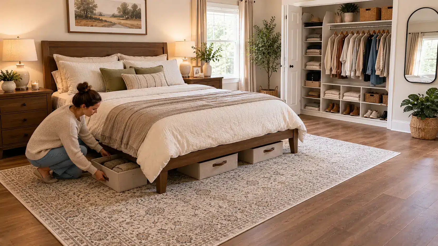 no dresser bedroom with closet organizers under bed storage open wall and clear floor space