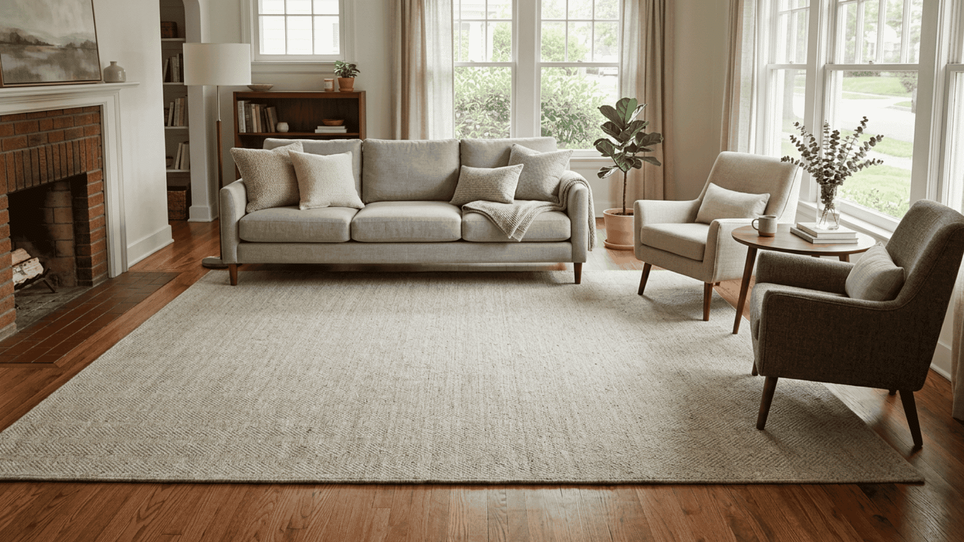 Large rug connecting sofa and chairs in a seating area