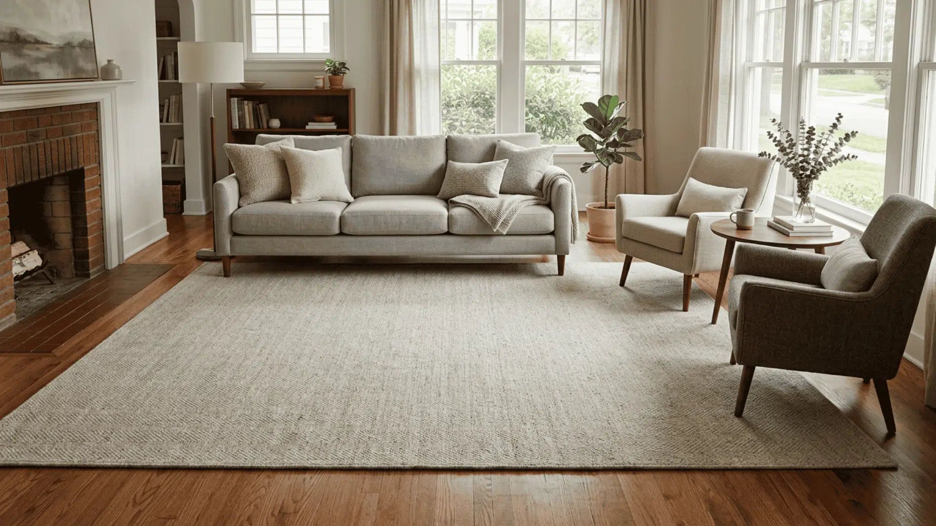 Large rug connecting sofa and chairs in a seating area