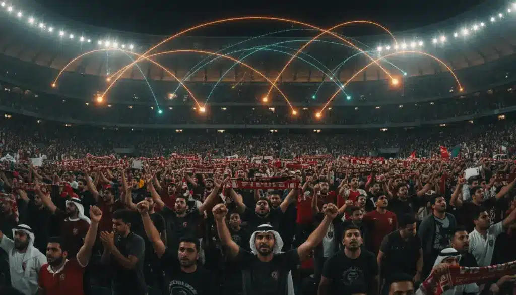 Crowd of enthusiastic sports fans cheering with scarves in a brightly lit stadium at night