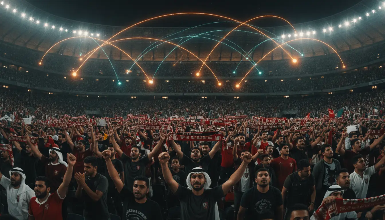 Crowd of enthusiastic sports fans cheering with scarves in a brightly lit stadium at night
