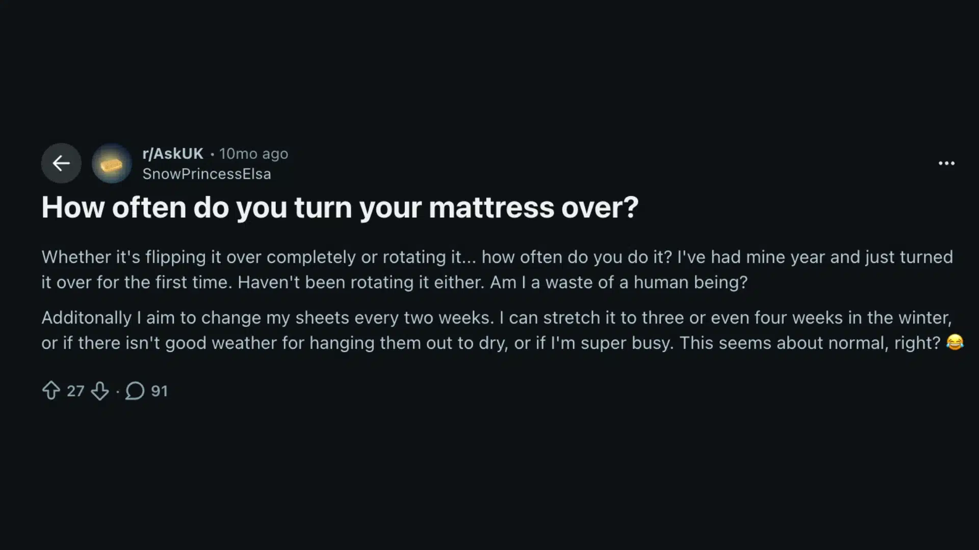 online discussion post asking how often to rotate or flip a mattress with bedding care questions