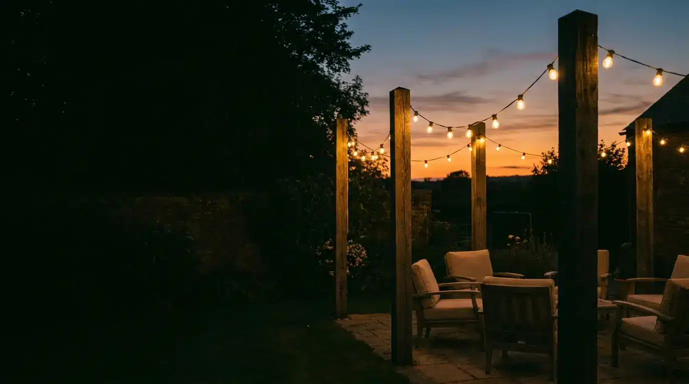 Patio with string lights and cushioned chairs under evening sky